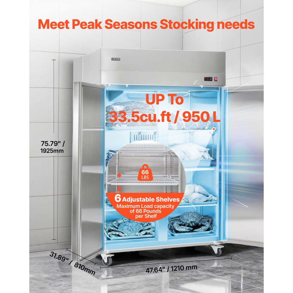 VEVOR Commercial Freezer, 31.89 in Width Reach In Upright-Freezer Double Door, 32.1 Cu.ft Auto-Defrost Stainless Steel Freezer with 8 Adjustable Shelves, -11 to 14℉ Temp Control, LED Light, 4 Wheels