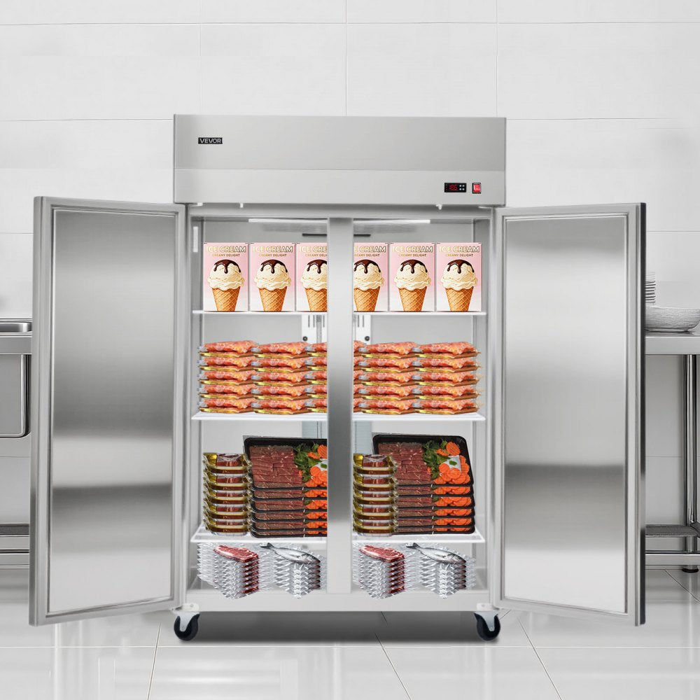 VEVOR Commercial Freezer, 31.89 in Width Reach In Upright-Freezer Double Door, 32.1 Cu.ft Auto-Defrost Stainless Steel Freezer with 8 Adjustable Shelves, -11 to 14℉ Temp Control, LED Light, 4 Wheels