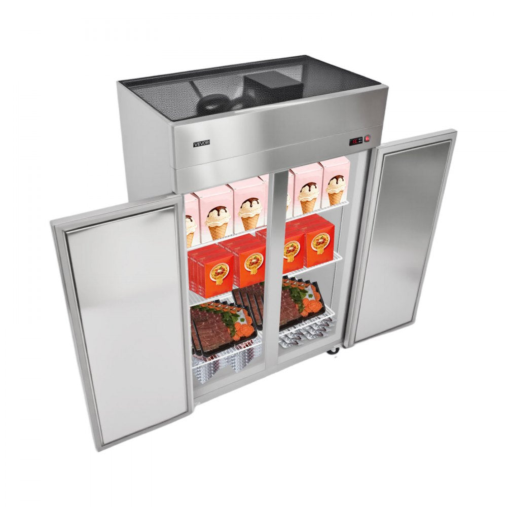 VEVOR Commercial Freezer, 31.89 in Width Reach In Upright-Freezer Double Door, 32.1 Cu.ft Auto-Defrost Stainless Steel Freezer with 8 Adjustable Shelves, -11 to 14℉ Temp Control, LED Light, 4 Wheels