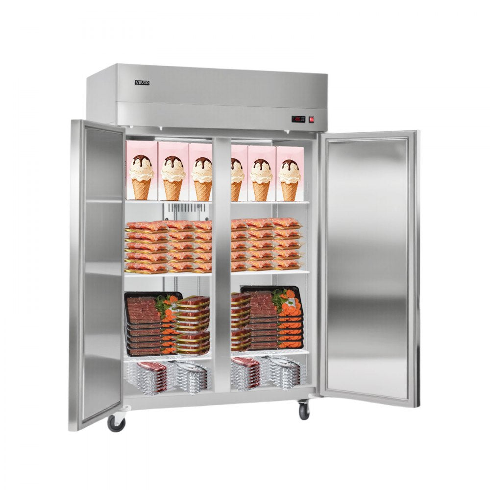 VEVOR Commercial Freezer, 31.89 in Width Reach In Upright-Freezer Double Door, 32.1 Cu.ft Auto-Defrost Stainless Steel Freezer with 8 Adjustable Shelves, -11 to 14℉ Temp Control, LED Light, 4 Wheels