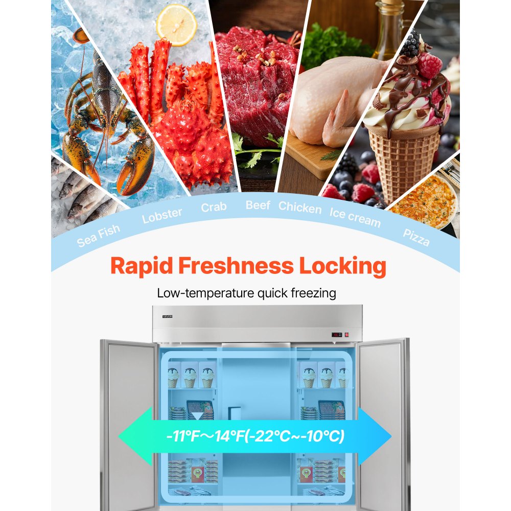 VEVOR Commercial Freezer, 71.65 in Width Reach In Upright-Freezer Three Door, 50.2 Cu.ft Auto-Defrost Stainless Steel Freezer with 12 Adjustable Shelves, -11 to 14℉ Temp Control, LED Light, 4 Wheels