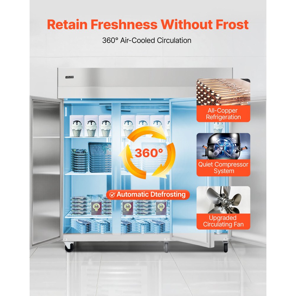 VEVOR Commercial Freezer, 71.65 in Width Reach In Upright-Freezer Three Door, 50.2 Cu.ft Auto-Defrost Stainless Steel Freezer with 12 Adjustable Shelves, -11 to 14℉ Temp Control, LED Light, 4 Wheels