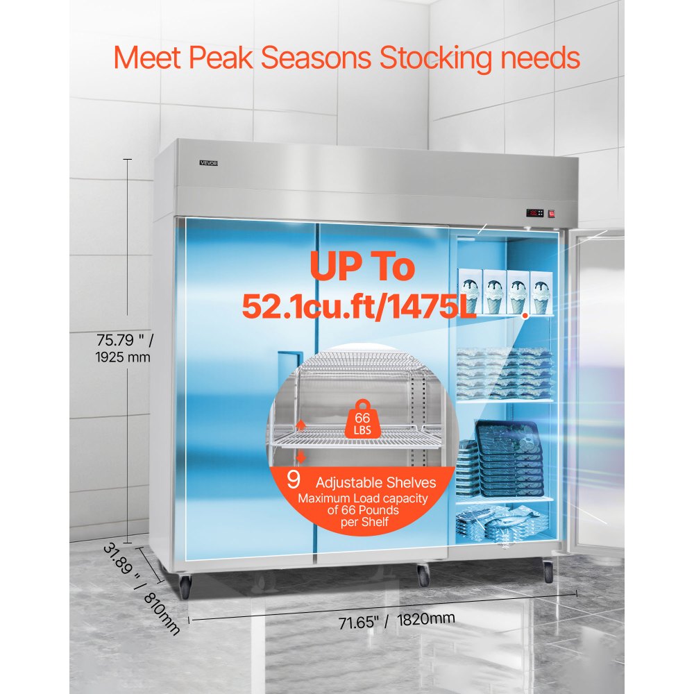 VEVOR Commercial Freezer, 71.65 in Width Reach In Upright-Freezer Three Door, 50.2 Cu.ft Auto-Defrost Stainless Steel Freezer with 12 Adjustable Shelves, -11 to 14℉ Temp Control, LED Light, 4 Wheels