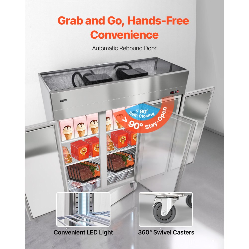 VEVOR Commercial Freezer, 71.65 in Width Reach In Upright-Freezer Three Door, 50.2 Cu.ft Auto-Defrost Stainless Steel Freezer with 12 Adjustable Shelves, -11 to 14℉ Temp Control, LED Light, 4 Wheels