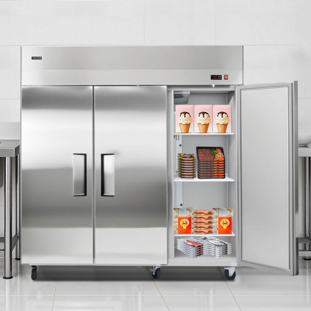 VEVOR Commercial Freezer, 71.65 in Width Reach In Upright-Freezer Three Door, 50.2 Cu.ft Auto-Defrost Stainless Steel Freezer with 12 Adjustable Shelves, -11 to 14℉ Temp Control, LED Light, 4 Wheels