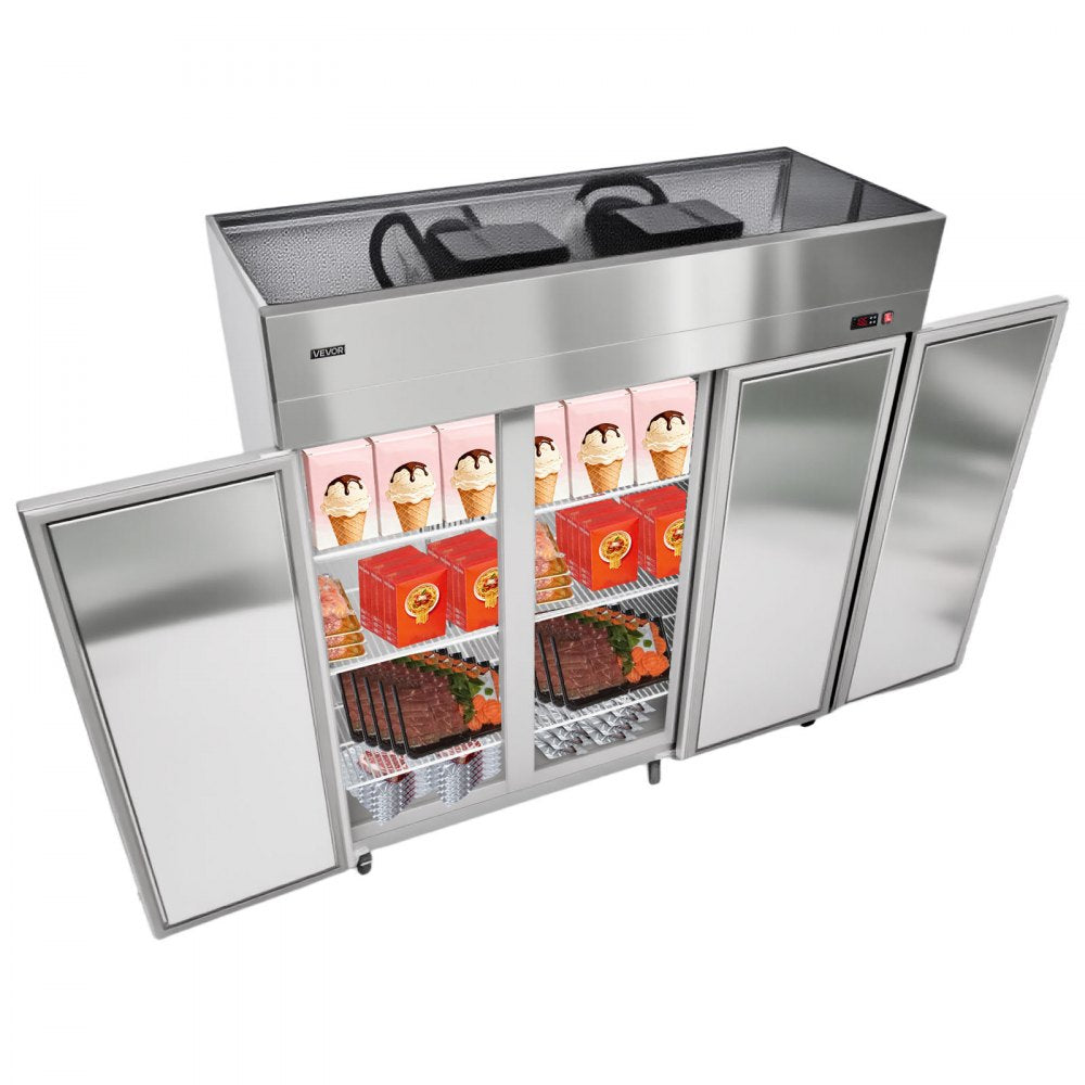 VEVOR Commercial Freezer, 71.65 in Width Reach In Upright-Freezer Three Door, 50.2 Cu.ft Auto-Defrost Stainless Steel Freezer with 12 Adjustable Shelves, -11 to 14℉ Temp Control, LED Light, 4 Wheels