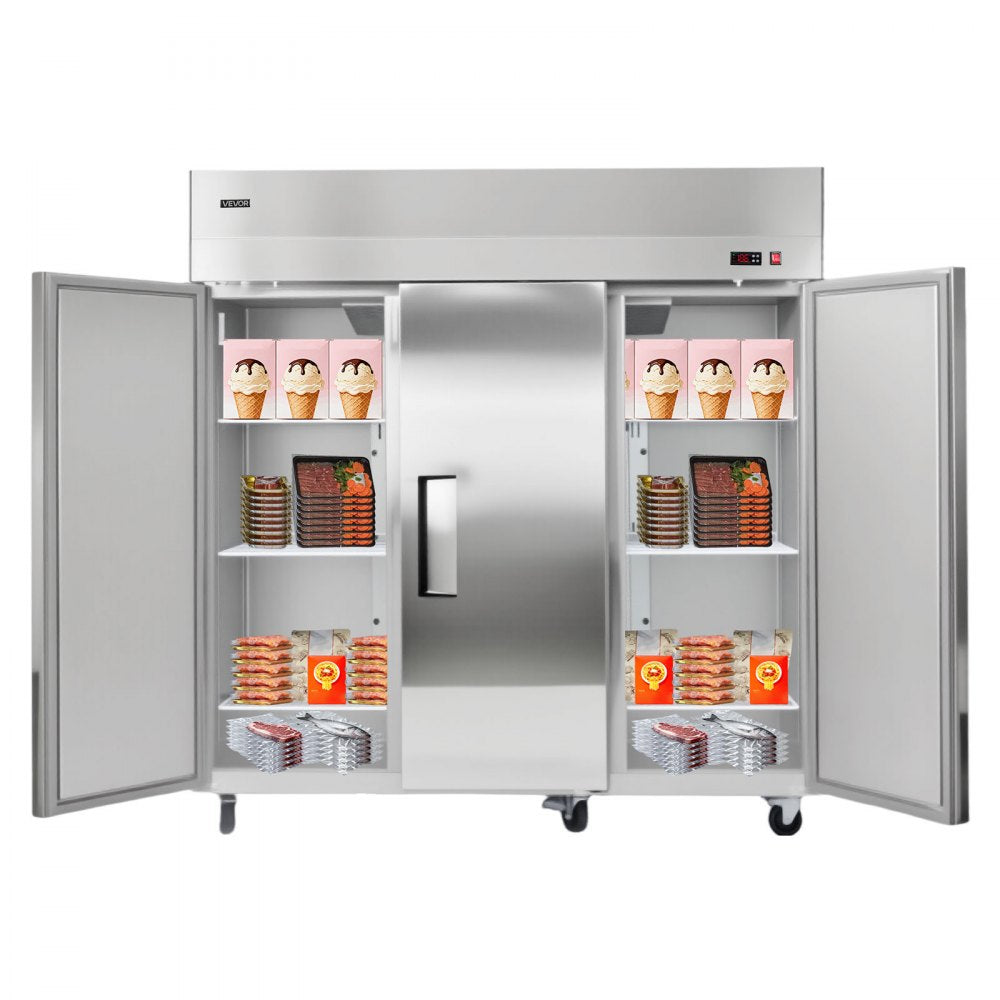 VEVOR Commercial Freezer, 71.65 in Width Reach In Upright-Freezer Three Door, 50.2 Cu.ft Auto-Defrost Stainless Steel Freezer with 12 Adjustable Shelves, -11 to 14℉ Temp Control, LED Light, 4 Wheels