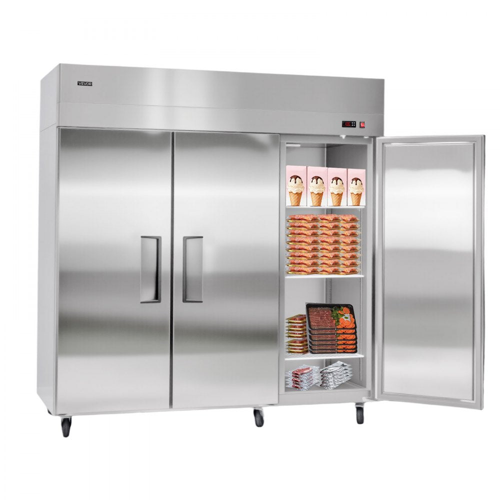 VEVOR Commercial Freezer, 71.65 in Width Reach In Upright-Freezer Three Door, 50.2 Cu.ft Auto-Defrost Stainless Steel Freezer with 12 Adjustable Shelves, -11 to 14℉ Temp Control, LED Light, 4 Wheels