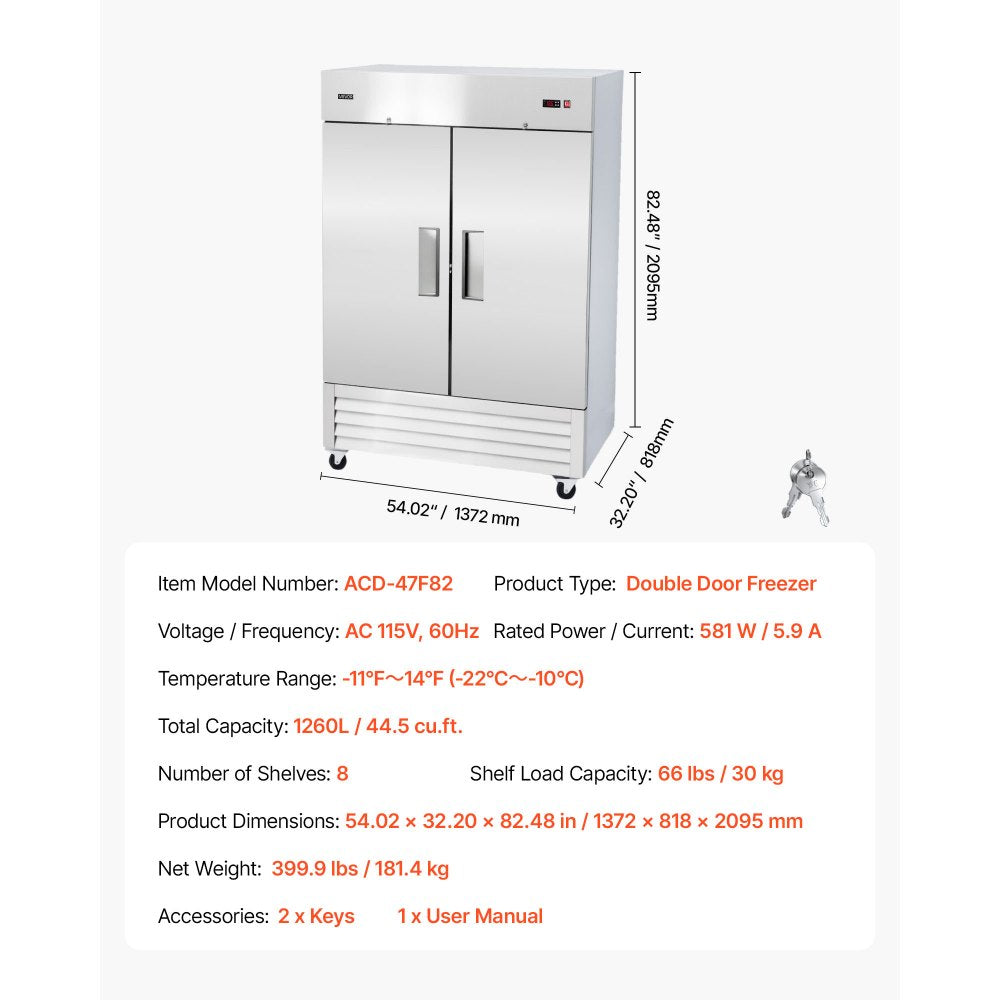 VEVOR Commercial Freezer, 32.2 in Width Reach In Upright-Freezer Double Door, 43.2 Cu.ft Auto-Defrost Stainless Steel Freezer with 8 Adjustable Shelves, -11 to 14℉ Temp Control, LED Light, 4 Wheels