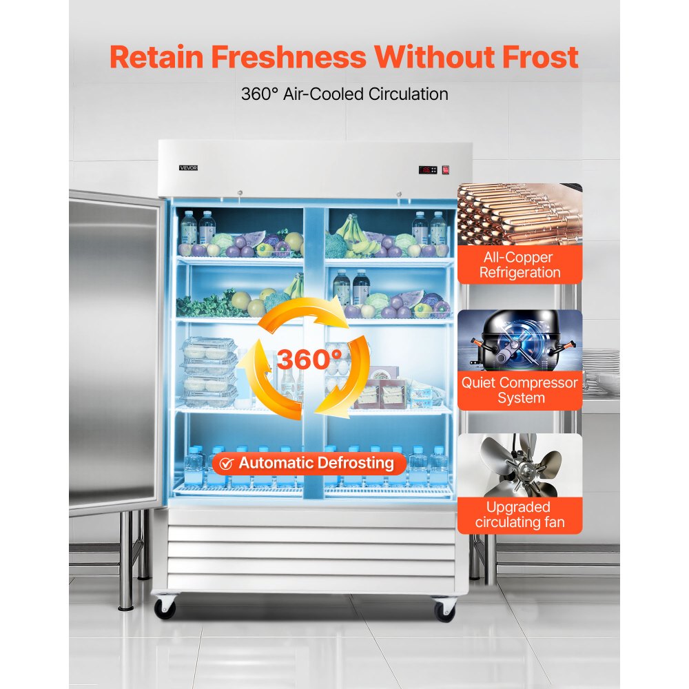 VEVOR Commercial Refrigerator, 32.2 in Width Reach In Upright Refrigeration Double Door, 43.2 Cu.ft Auto-Defrost Stainless Steel Refrigerator with 8 Adjustable Shelves, 32 to 50℉ Temp Range, 4 Wheels