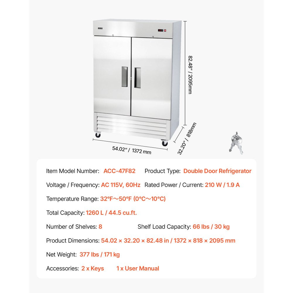 VEVOR Commercial Refrigerator, 32.2 in Width Reach In Upright Refrigeration Double Door, 43.2 Cu.ft Auto-Defrost Stainless Steel Refrigerator with 8 Adjustable Shelves, 32 to 50℉ Temp Range, 4 Wheels