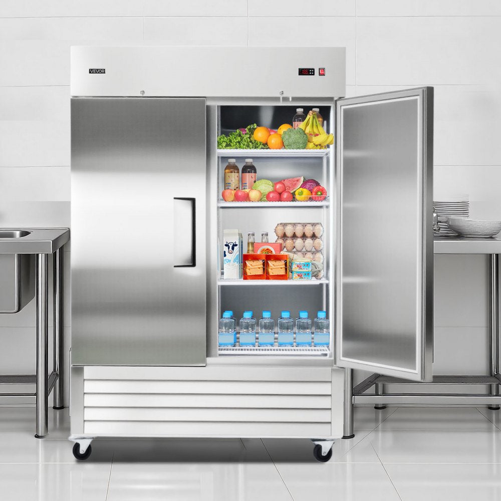 VEVOR Commercial Refrigerator, 32.2 in Width Reach In Upright Refrigeration Double Door, 43.2 Cu.ft Auto-Defrost Stainless Steel Refrigerator with 8 Adjustable Shelves, 32 to 50℉ Temp Range, 4 Wheels