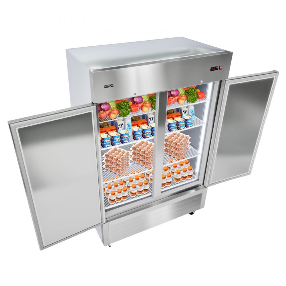 VEVOR Commercial Refrigerator, 32.2 in Width Reach In Upright Refrigeration Double Door, 43.2 Cu.ft Auto-Defrost Stainless Steel Refrigerator with 8 Adjustable Shelves, 32 to 50℉ Temp Range, 4 Wheels