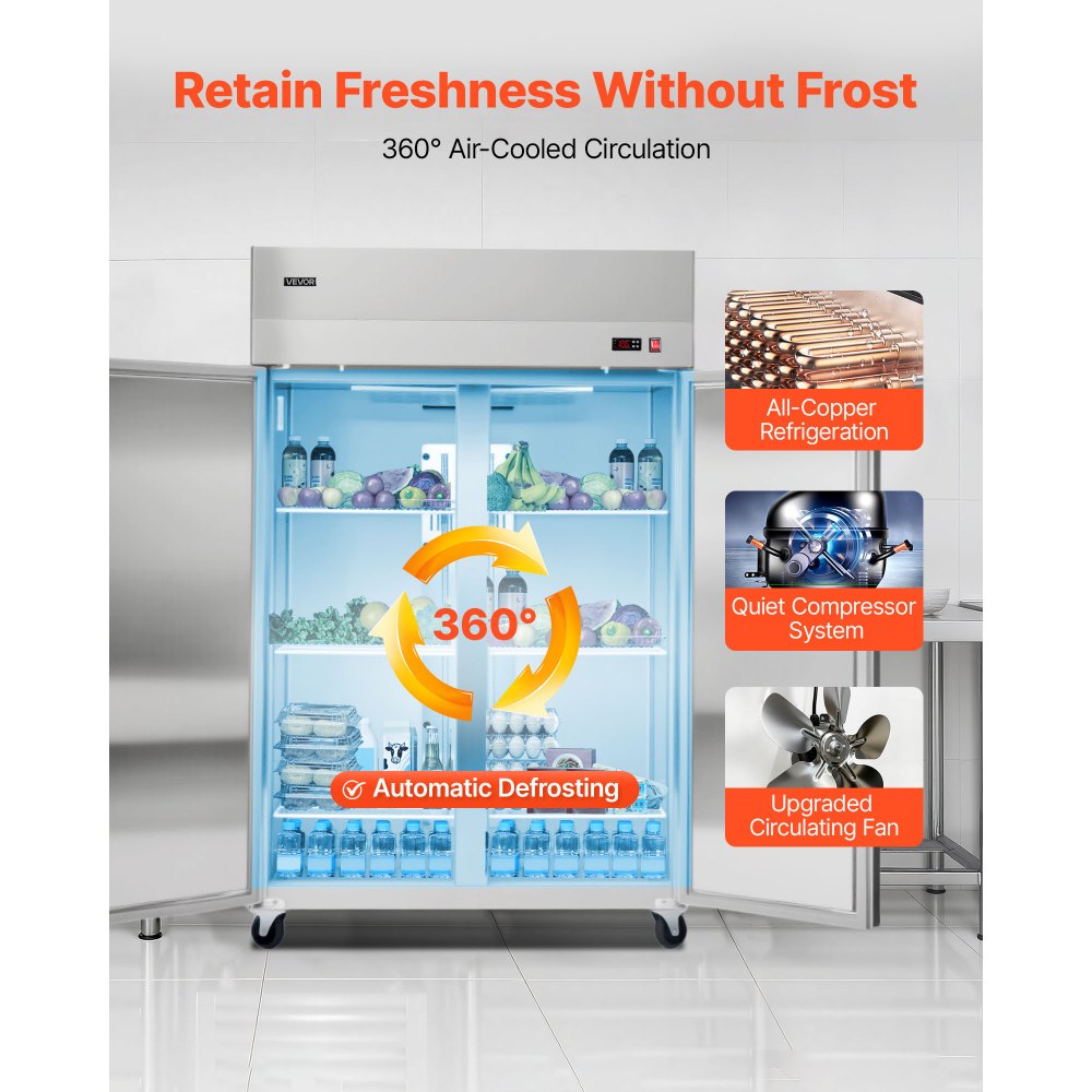 VEVOR Commercial Refrigerator, 31.89 in Width Reach In Upright Refrigeration Double Door, 32.1 Cu.ft Auto-Defrost Stainless Steel Refrigerator with 8 Adjustable Shelves, 32 to 50℉ Temp Range, 4 Wheels