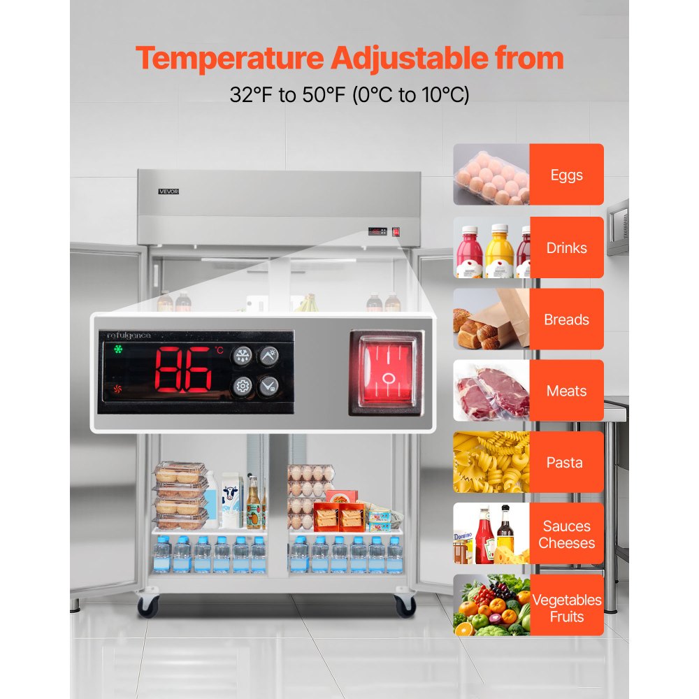 VEVOR Commercial Refrigerator, 31.89 in Width Reach In Upright Refrigeration Double Door, 32.1 Cu.ft Auto-Defrost Stainless Steel Refrigerator with 8 Adjustable Shelves, 32 to 50℉ Temp Range, 4 Wheels