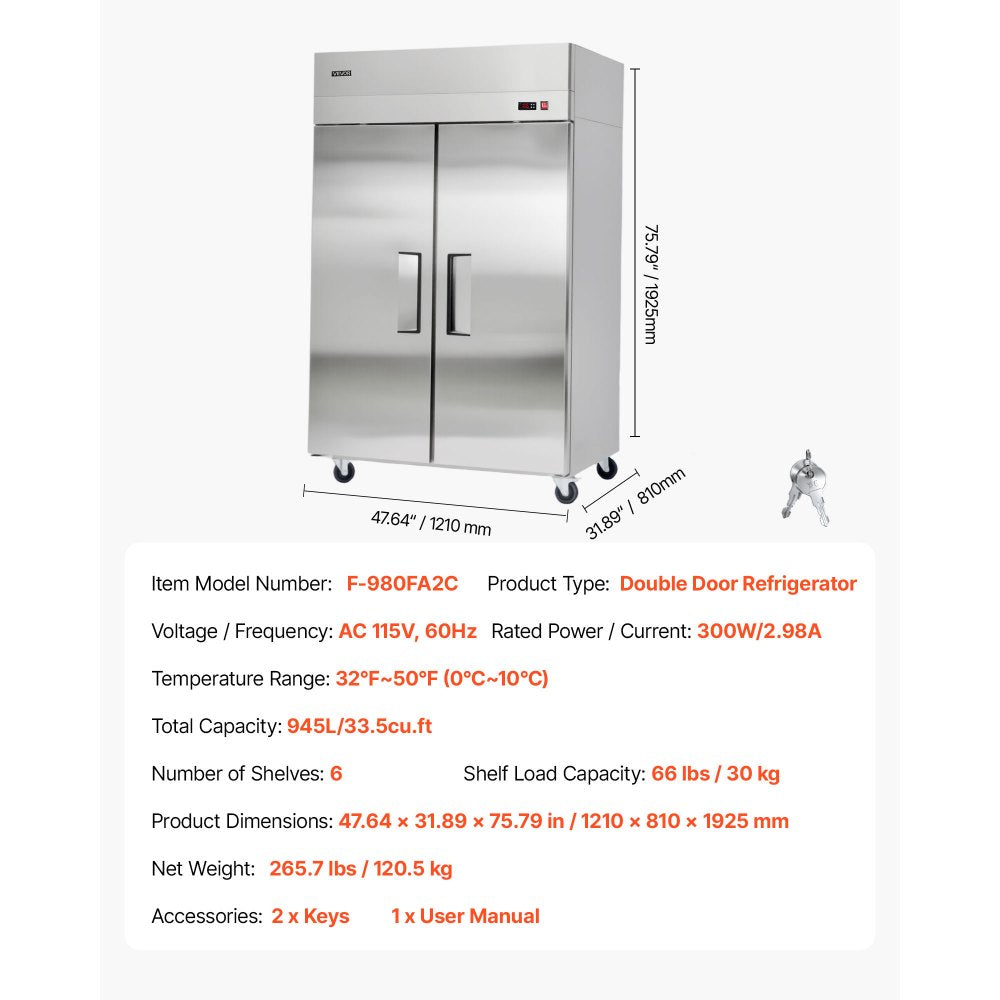 VEVOR Commercial Refrigerator, 31.89 in Width Reach In Upright Refrigeration Double Door, 32.1 Cu.ft Auto-Defrost Stainless Steel Refrigerator with 8 Adjustable Shelves, 32 to 50℉ Temp Range, 4 Wheels