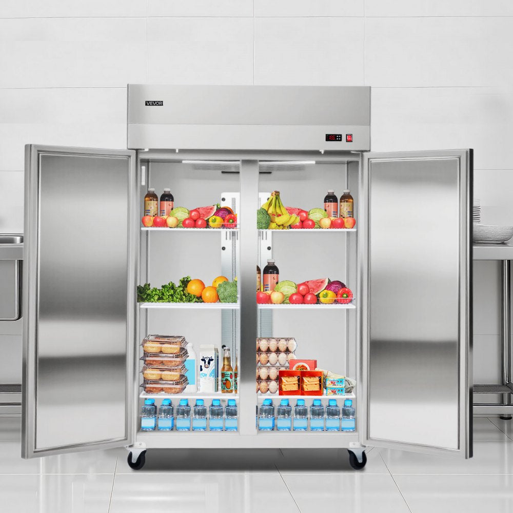 VEVOR Commercial Refrigerator, 31.89 in Width Reach In Upright Refrigeration Double Door, 32.1 Cu.ft Auto-Defrost Stainless Steel Refrigerator with 8 Adjustable Shelves, 32 to 50℉ Temp Range, 4 Wheels