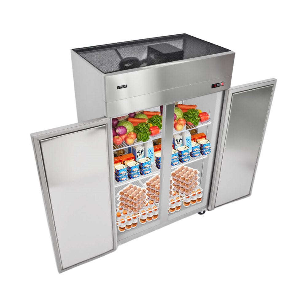 VEVOR Commercial Refrigerator, 31.89 in Width Reach In Upright Refrigeration Double Door, 32.1 Cu.ft Auto-Defrost Stainless Steel Refrigerator with 8 Adjustable Shelves, 32 to 50℉ Temp Range, 4 Wheels