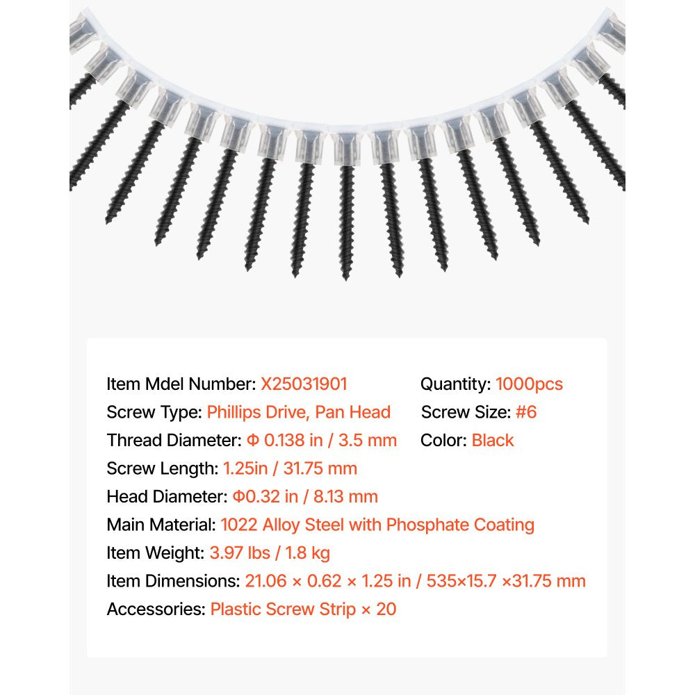 VEVOR Screws, #6 x 1-1/4 inch Length Drywall to Wood Collated Screw, All Purpose High-Hardness Alloy Steel Self Drilling Drywall Screws, for Home DIY, Space Renovation(1000 per Box)