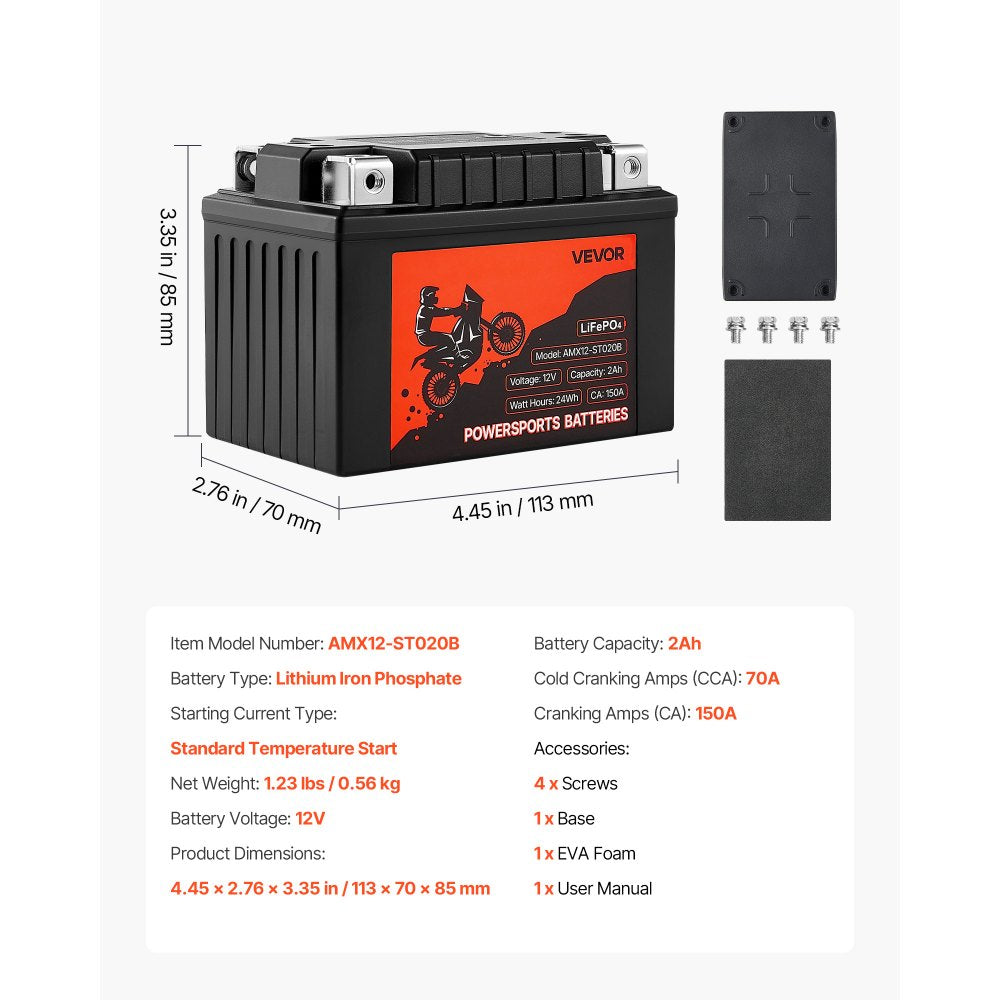 VEVOR Motorcycle Battery, 12 Volt 2Ah, LiFePO4 Lithium Pre-Charged Powersports Battery, Maintenance Free & High Performance, Compatible with ATV, Motorcycle, Jet Skis, Scooter, UTV, and More