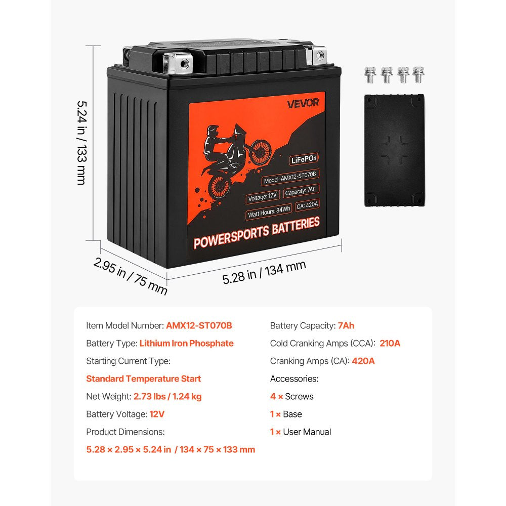 VEVOR Motorcycle Battery, 12 Volt 7Ah, LiFePO4 Lithium Pre-Charged Powersports Battery, Maintenance Free & High Performance, Compatible with ATV, Motorcycle, Jet Skis, Scooter, UTV, and More