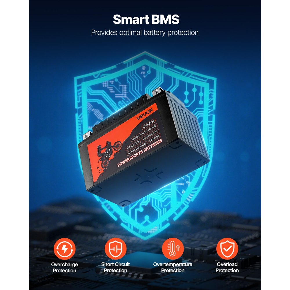 VEVOR Motorcycle Battery, 12 Volt 4Ah, LiFePO4 Lithium Pre-Charged Powersports Battery, Maintenance Free & High Performance, Compatible with ATV, Motorcycle, Jet Skis, Scooter, UTV, and More