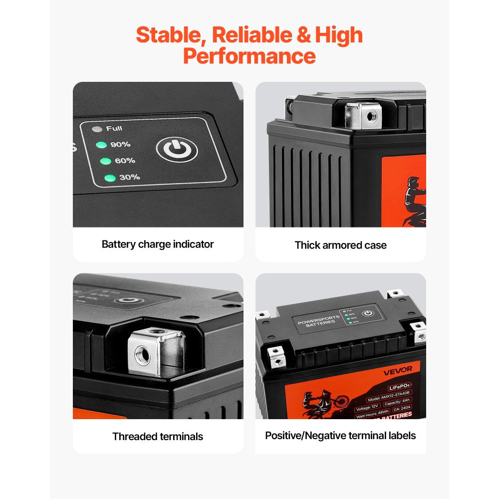 VEVOR Motorcycle Battery, 12 Volt 4Ah, LiFePO4 Lithium Pre-Charged Powersports Battery, Maintenance Free & High Performance, Compatible with ATV, Motorcycle, Jet Skis, Scooter, UTV, and More