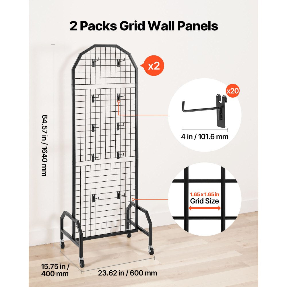 VEVOR 2 Packs Grid Wall Panels, 1.9 x 5.4 ft Wire Grid Panels Display Rack, Movable Art Display Shelf with Wheels and 20 Hooks, Black Carbon Steel Gridwall for Craft Show, Decor, Storage, Notice Board