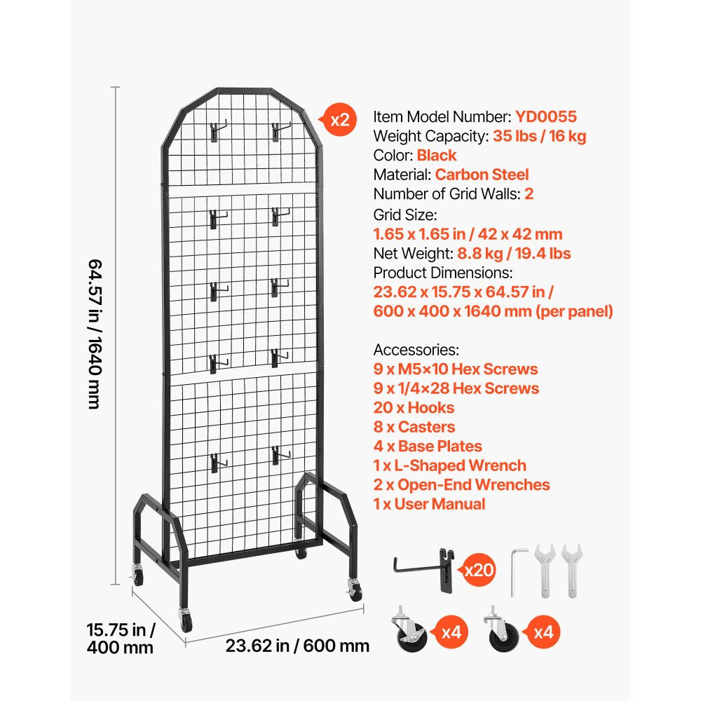 VEVOR 2 Packs Grid Wall Panels, 1.9 x 5.4 ft Wire Grid Panels Display Rack, Movable Art Display Shelf with Wheels and 20 Hooks, Black Carbon Steel Gridwall for Craft Show, Decor, Storage, Notice Board