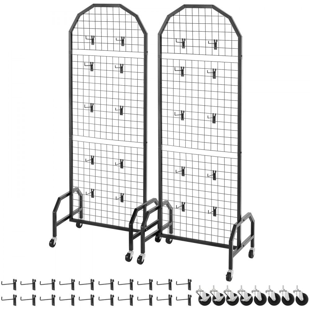 VEVOR 2 Packs Grid Wall Panels, 1.9 x 5.4 ft Wire Grid Panels Display Rack, Movable Art Display Shelf with Wheels and 20 Hooks, Black Carbon Steel Gridwall for Craft Show, Decor, Storage, Notice Board