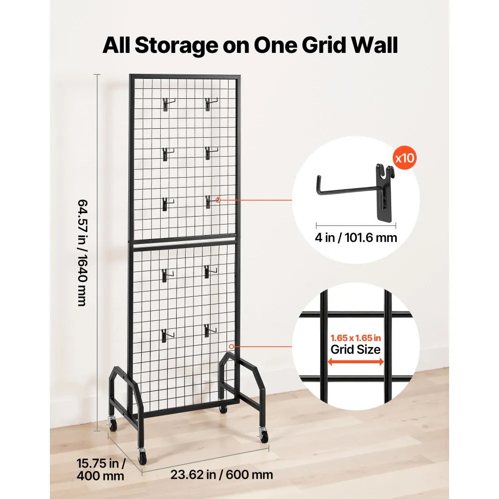 VEVOR Grid Wall Panel, 1.9 x 5.4 ft Wire Grid Panels Display Rack, Movable Art Display Shelf with Wheels and 10 Hooks, Black Carbon Steel Gridwall for Craft Show, Decoration, Storage, Notice Board