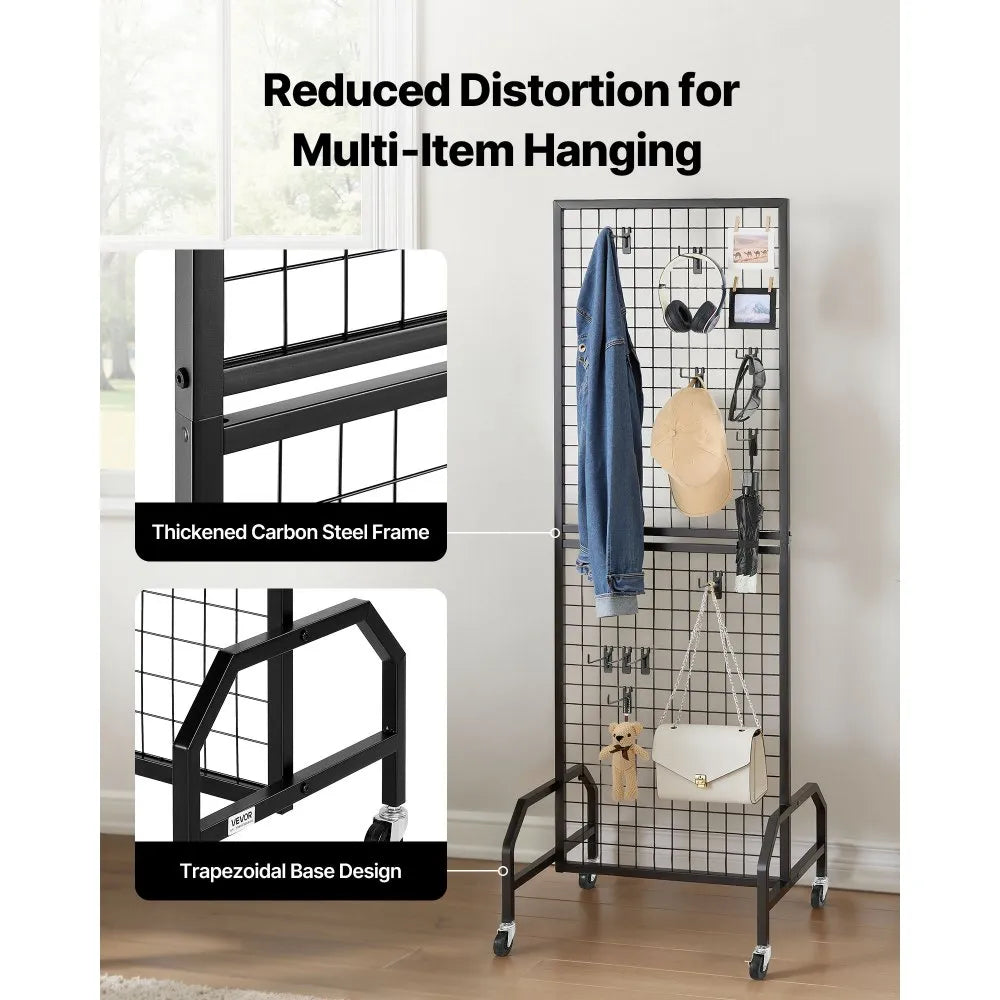 VEVOR Grid Wall Panel, 1.9 x 5.4 ft Wire Grid Panels Display Rack, Movable Art Display Shelf with Wheels and 10 Hooks, Black Carbon Steel Gridwall for Craft Show, Decoration, Storage, Notice Board