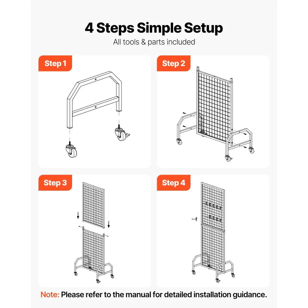 VEVOR Grid Wall Panel, 1.9 x 5.4 ft Wire Grid Panels Display Rack, Movable Art Display Shelf with Wheels and 10 Hooks, Black Carbon Steel Gridwall for Craft Show, Decoration, Storage, Notice Board