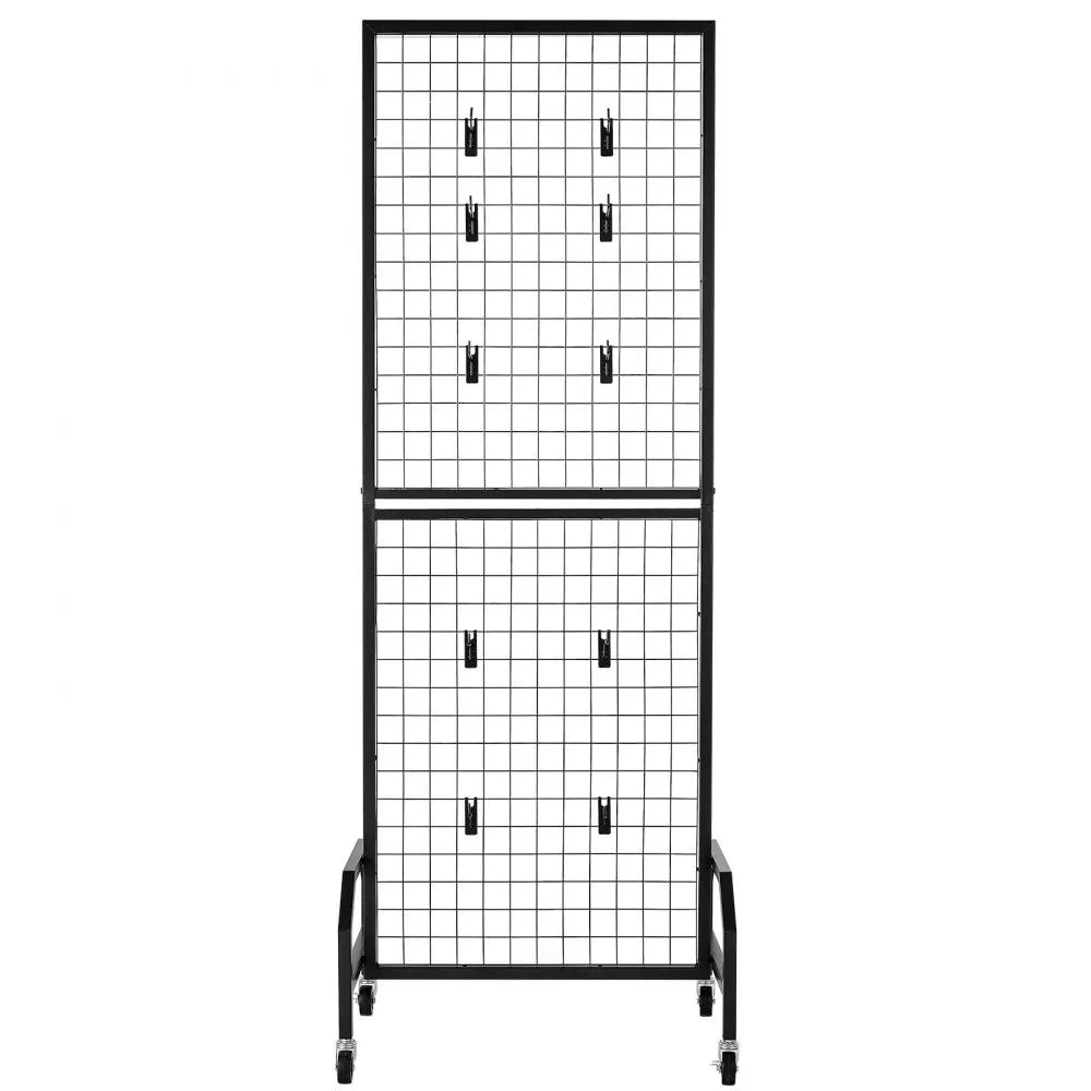 VEVOR Grid Wall Panel, 1.9 x 5.4 ft Wire Grid Panels Display Rack, Movable Art Display Shelf with Wheels and 10 Hooks, Black Carbon Steel Gridwall for Craft Show, Decoration, Storage, Notice Board