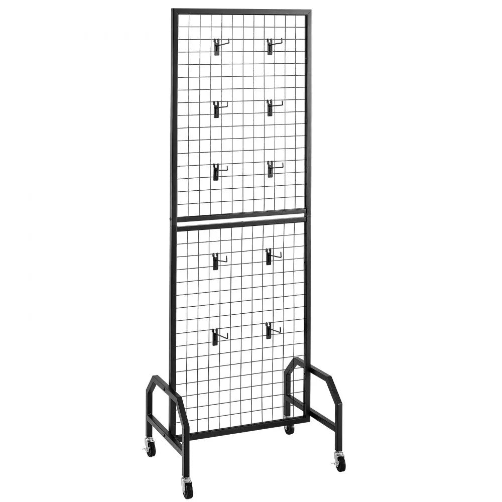 VEVOR Grid Wall Panel, 1.9 x 5.4 ft Wire Grid Panels Display Rack, Movable Art Display Shelf with Wheels and 10 Hooks, Black Carbon Steel Gridwall for Craft Show, Decoration, Storage, Notice Board