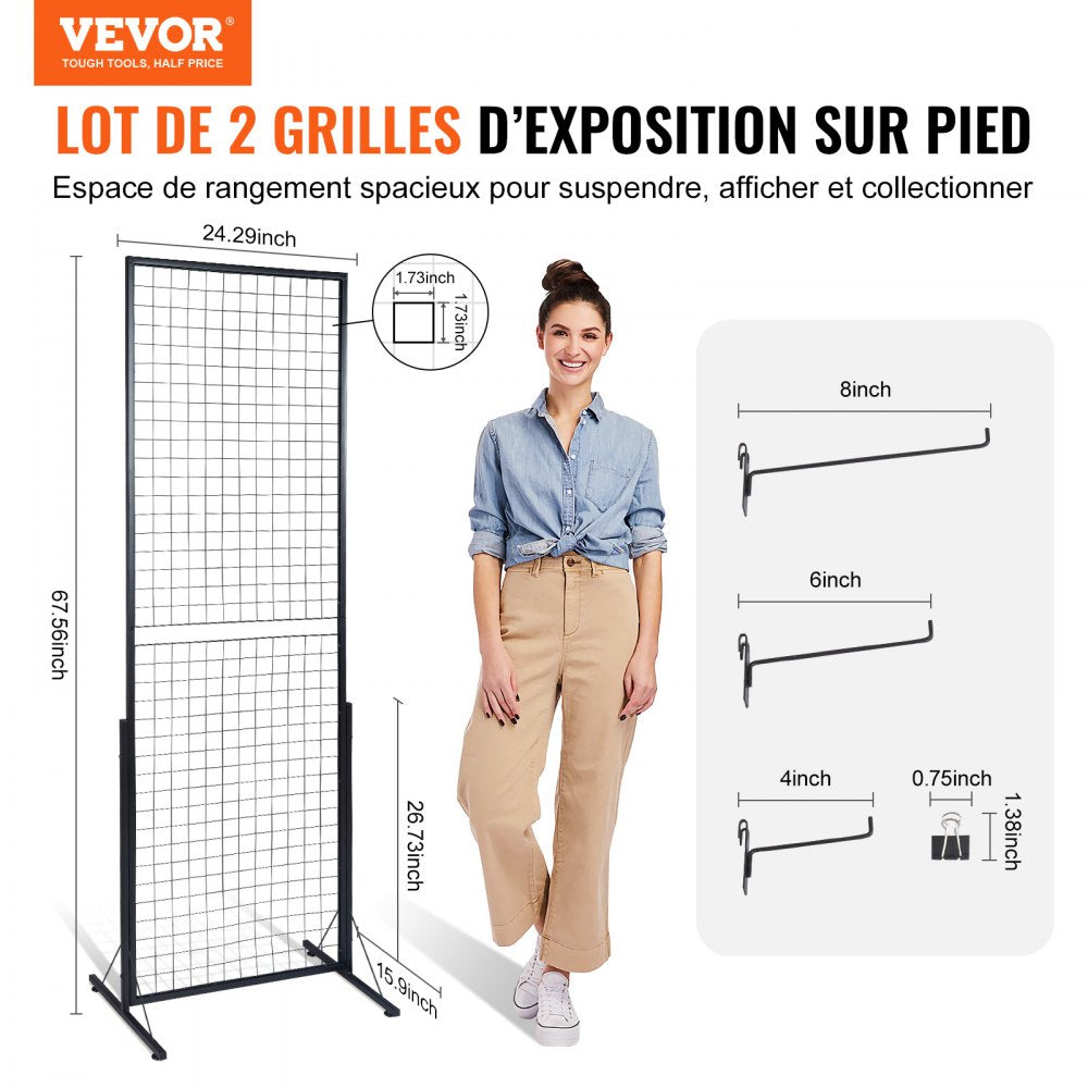 VEVOR 2' x 5.6' Grid Wall Panels Tower, 2 Packs Wire Gridwall Display Racks with T-Base Floorstanding, Double Side Gridwall Panels for Art Craft Shows, Retail Display with Extra Clips and Hooks