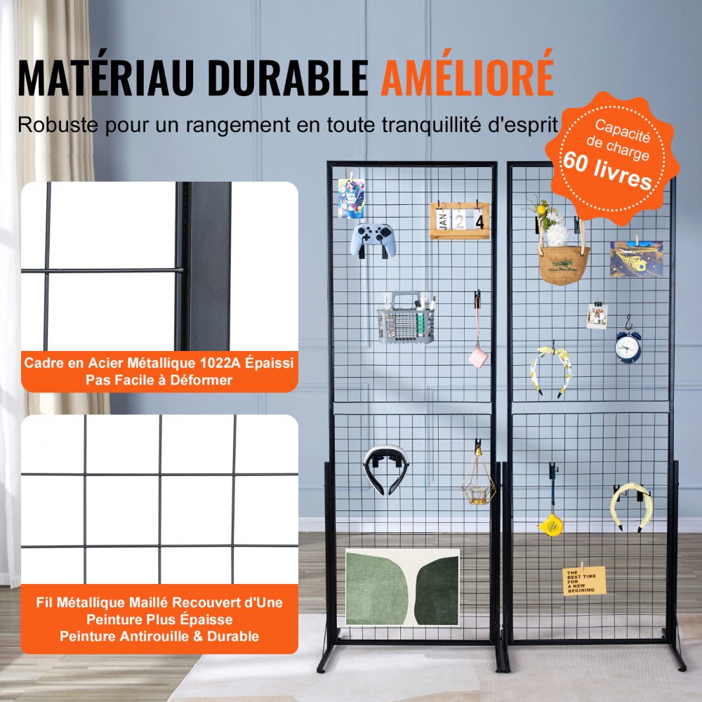 VEVOR 2' x 5.6' Grid Wall Panels Tower, 2 Packs Wire Gridwall Display Racks with T-Base Floorstanding, Double Side Gridwall Panels for Art Craft Shows, Retail Display with Extra Clips and Hooks