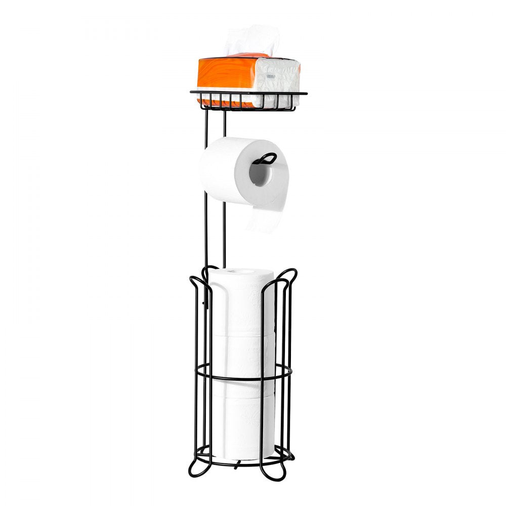 VEVOR Free Standing Toilet Paper Holder with Shelf, 3-in-1 Premium Metal Material, Store Up to 4 Mega Rolls, Elevated Base Design, Tissue Roll Storage Rack for Bathroom, Washroom, Matte Black