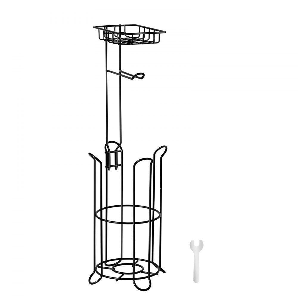 VEVOR Free Standing Toilet Paper Holder with Shelf, 3-in-1 Premium Metal Material, Store Up to 4 Mega Rolls, Elevated Base Design, Tissue Roll Storage Rack for Bathroom, Washroom, Matte Black