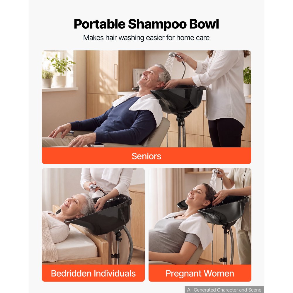 VEVOR Portable Shampoo Bowl 270° Rotating Salon Sink Basin with Showerhead, for Salons, Home & Seniors, Height and Angle Adjustable, Hair Washing Station with Drain Hose & Universal Connector, Black