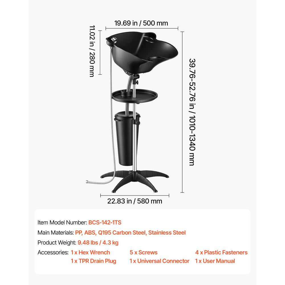 VEVOR Portable Shampoo Bowl 270° Rotating Salon Sink Wash Basin with Bucket, for Home & Salon Use, Height and Angle Adjustable, Hair Washing Station with Drain Hose, Showerhead & Storage Tray, Black