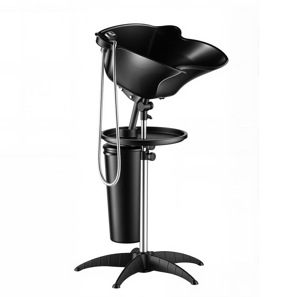 VEVOR Portable Shampoo Bowl 270° Rotating Salon Sink Wash Basin with Bucket, for Home & Salon Use, Height and Angle Adjustable, Hair Washing Station with Drain Hose, Showerhead & Storage Tray, Black