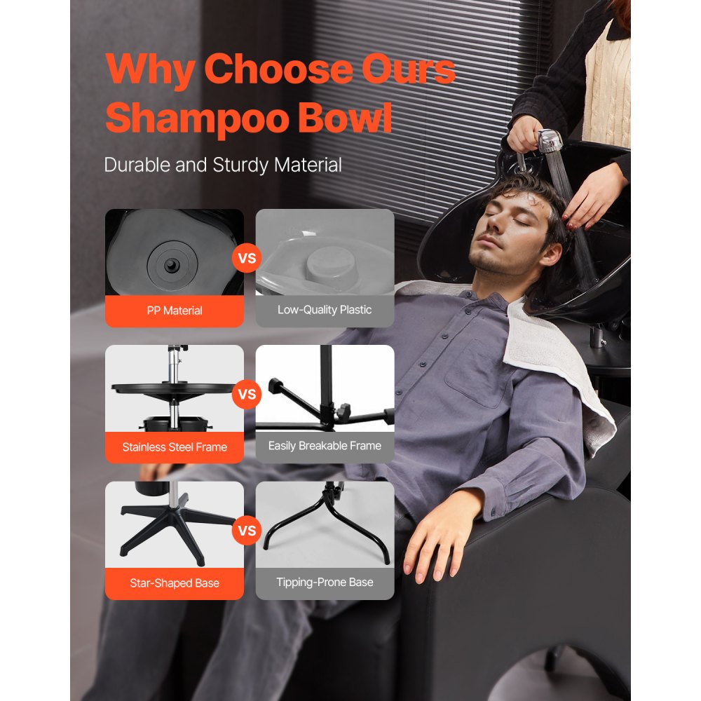 VEVOR Portable Shampoo Bowl, Deep Shampoo Sink with Adjustable Height & Angle, Washing Hair Station Includes Drain Hose, Shower Head and Bucket, Salon Sink for Home & Barber Use, Black