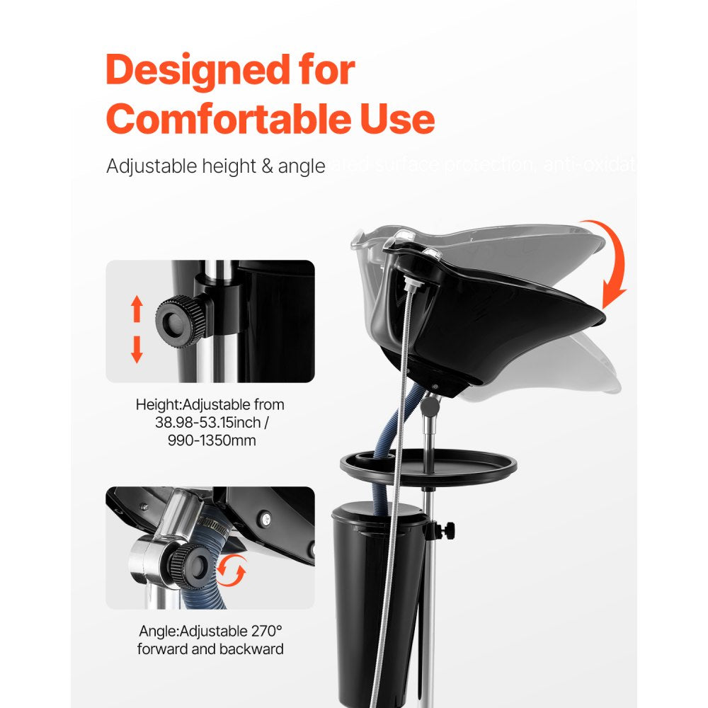 VEVOR Portable Shampoo Bowl, Deep Shampoo Sink with Adjustable Height & Angle, Washing Hair Station Includes Drain Hose, Shower Head and Bucket, Salon Sink for Home & Barber Use, Black