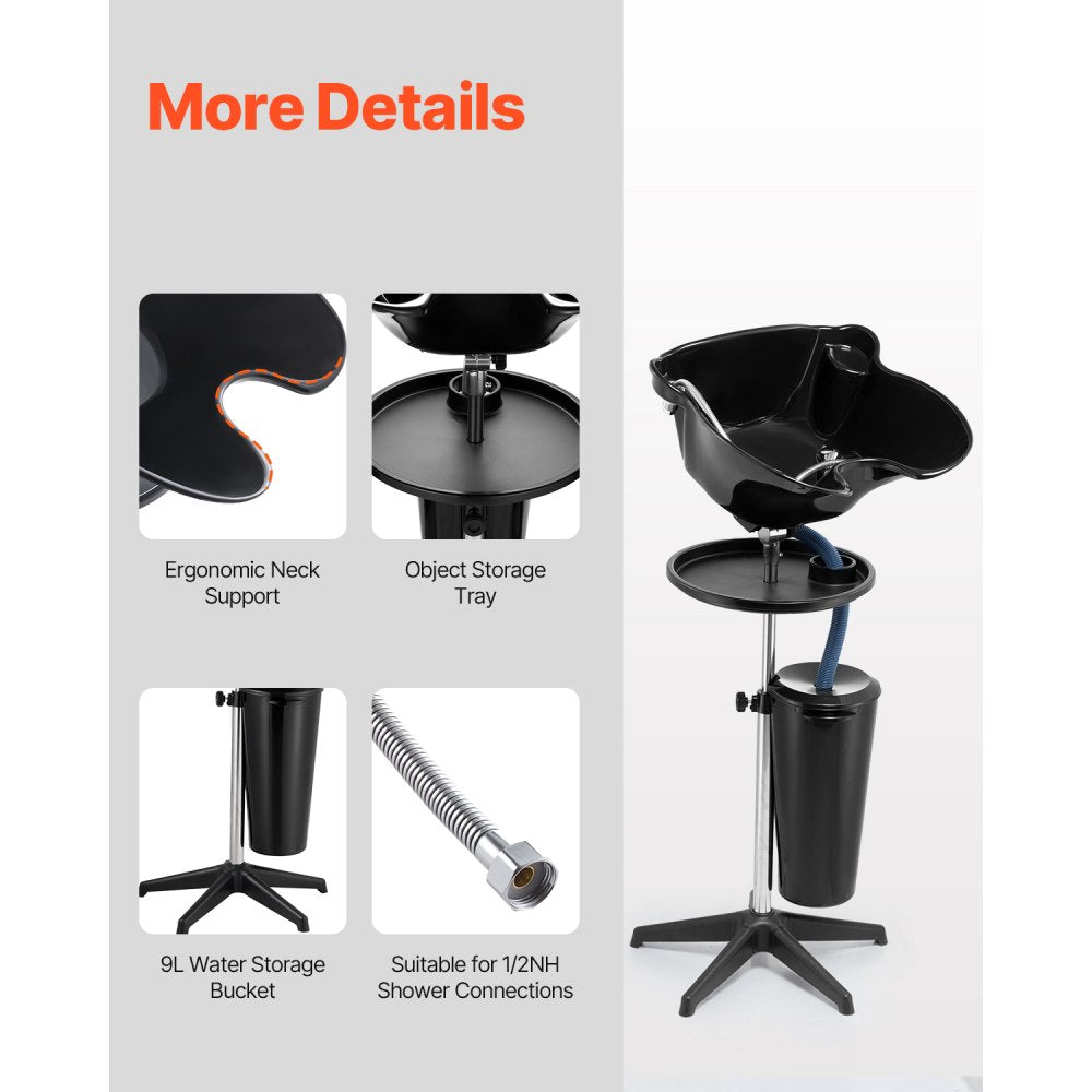 VEVOR Portable Shampoo Bowl, Deep Shampoo Sink with Adjustable Height & Angle, Washing Hair Station Includes Drain Hose, Shower Head and Bucket, Salon Sink for Home & Barber Use, Black