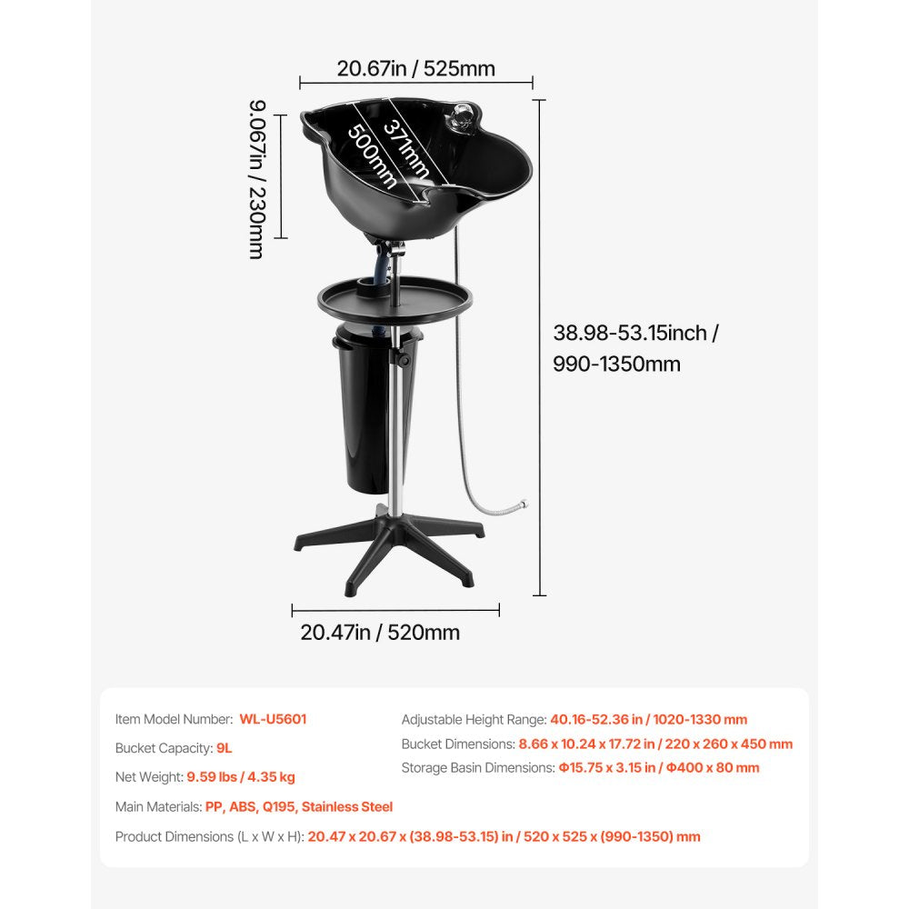 VEVOR Portable Shampoo Bowl, Deep Shampoo Sink with Adjustable Height & Angle, Washing Hair Station Includes Drain Hose, Shower Head and Bucket, Salon Sink for Home & Barber Use, Black