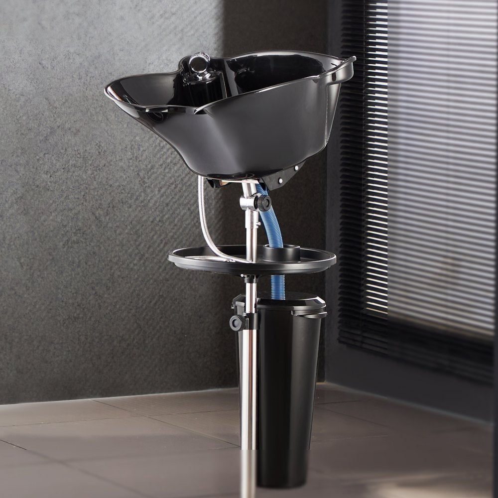 VEVOR Portable Shampoo Bowl, Deep Shampoo Sink with Adjustable Height & Angle, Washing Hair Station Includes Drain Hose, Shower Head and Bucket, Salon Sink for Home & Barber Use, Black