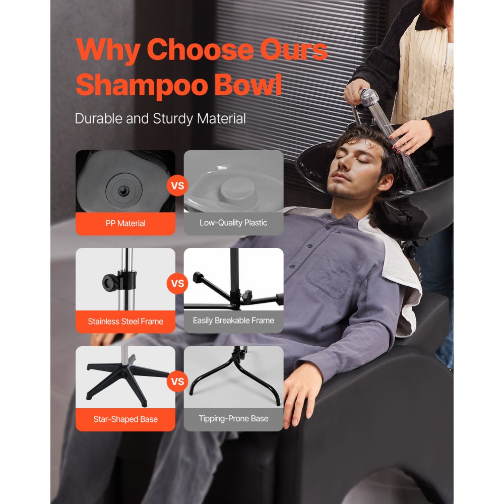 VEVOR Portable Shampoo Bowl, Deep Shampoo Sink with Adjustable Height & Angle, Includes Drain Hose, Shower Head, Lightweight Hair Wash Basin for Barber Salon Spa Center & Home Use, Black