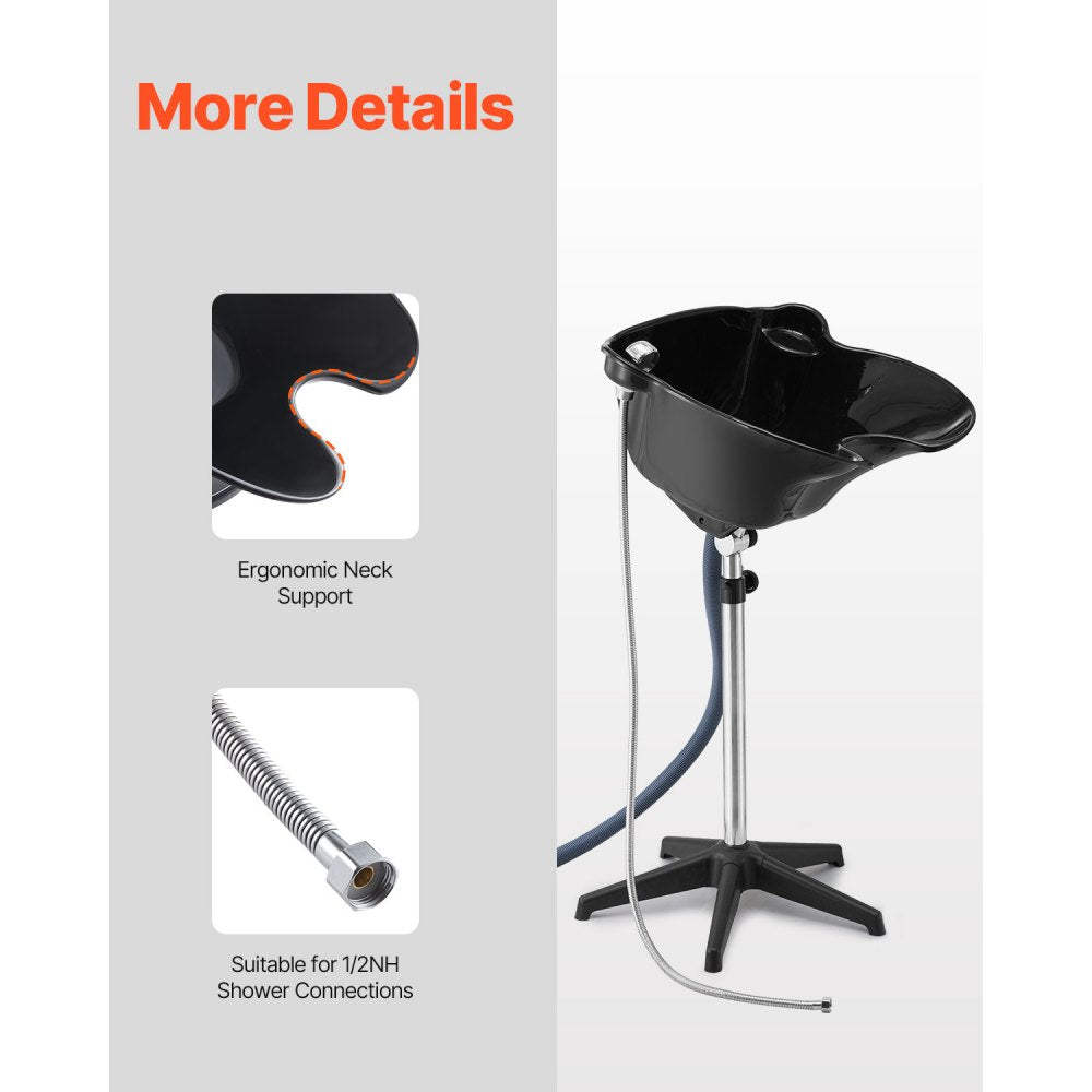 VEVOR Portable Shampoo Bowl, Deep Shampoo Sink with Adjustable Height & Angle, Includes Drain Hose, Shower Head, Lightweight Hair Wash Basin for Barber Salon Spa Center & Home Use, Black