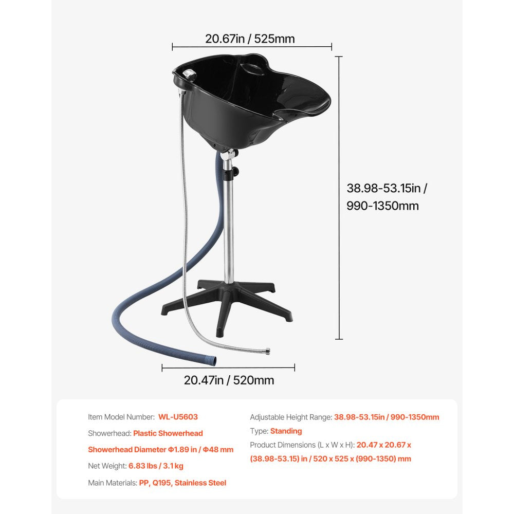 VEVOR Portable Shampoo Bowl, Deep Shampoo Sink with Adjustable Height & Angle, Includes Drain Hose, Shower Head, Lightweight Hair Wash Basin for Barber Salon Spa Center & Home Use, Black